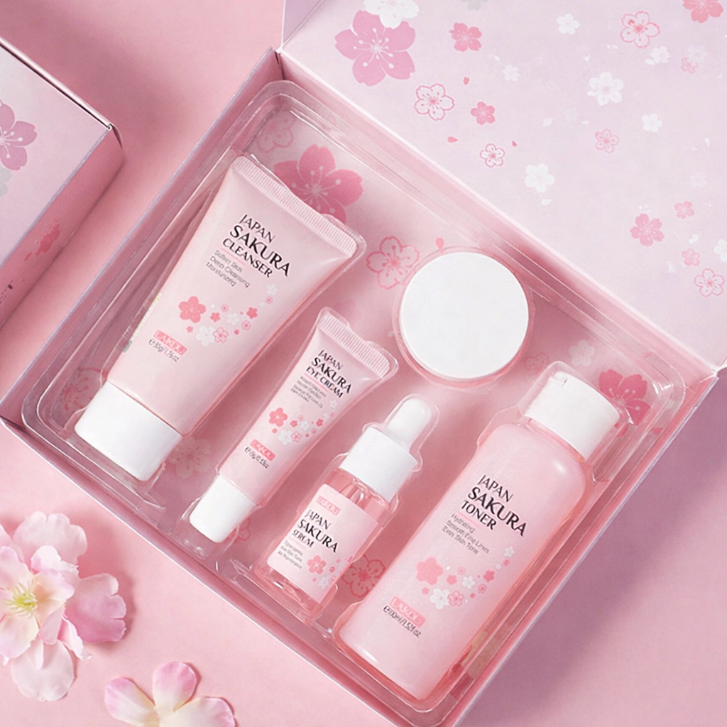 Coffret de Soin Visage Sakura – Nettoyant, Tonique, Sérum, Crème & Soin Yeux